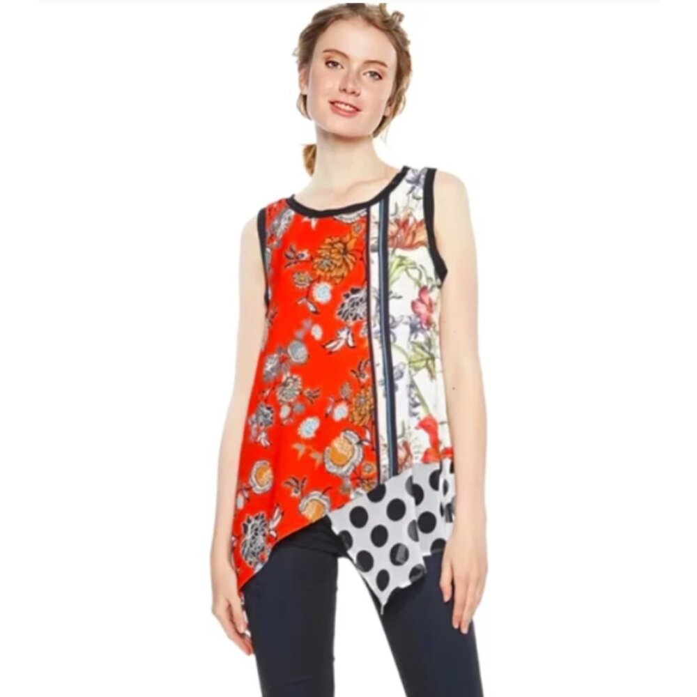 Desigual Arlen Top • Asymmetrical Floral/Polka Dot • XL